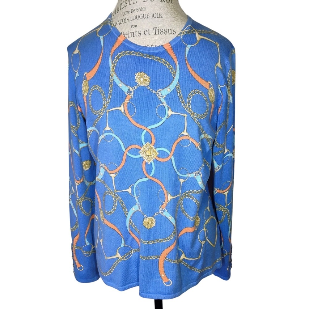 J McLaughlin Equestrian Sweater Womens Large Blue Lightweight Preppy‎